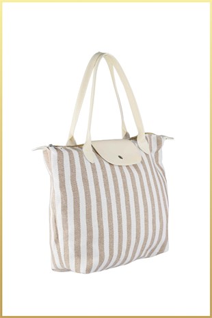 Çizgili Shopper Çanta - Bej - Beyaz