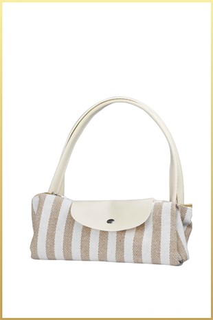Çizgili Shopper Çanta - Bej - Beyaz