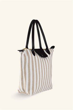 Çizgili Shopper Çanta - Bej - Kahverengi