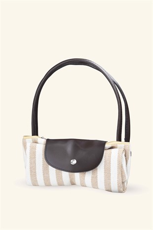 Çizgili Shopper Çanta - Bej - Kahverengi