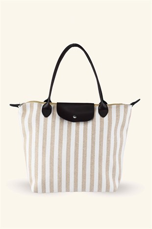 Çizgili Shopper Çanta - Bej - Kahverengi