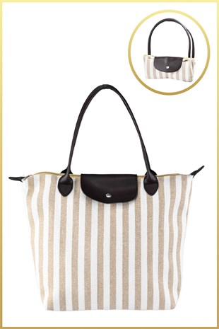 Çizgili Shopper Çanta - Bej - Kahverengi ve Kadın Ön Toka Aksesuarlı Örgü Saplı El ve Omuz Çantası-Haki