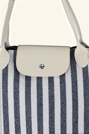 Çizgili Shopper Çanta - Siyah - Beyaz