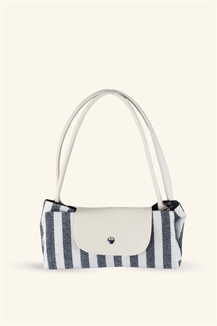 Çizgili Shopper Çanta - Siyah - Beyaz