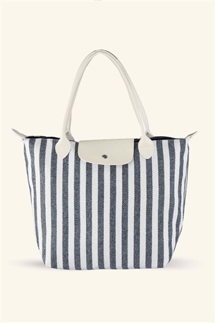 Çizgili Shopper Çanta - Siyah - Beyaz