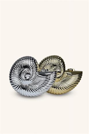 Deniz Kabuğu Model Parlak Abiye Çanta - Gümüş