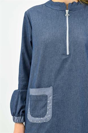 Fermuarlı Cep Detaylı Tunik Pantolon Kot Takım - Mavi