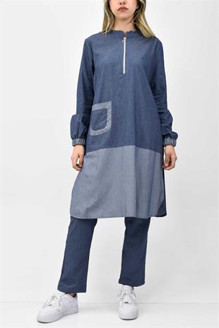 Fermuarlı Cep Detaylı Tunik Pantolon Kot Takım - Mavi