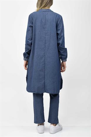 Fermuarlı Cep Detaylı Tunik Pantolon Kot Takım - Mavi