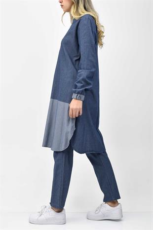 Fermuarlı Cep Detaylı Tunik Pantolon Kot Takım - Mavi
