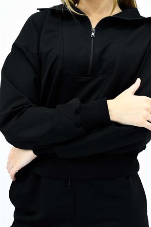 Fermuarlı Dik Yaka Eşofman Takımı – Siyah