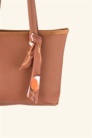 Fular Detaylı Midi Boy El ve Omuz Çantası - Taba