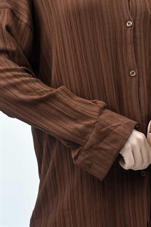 Gofre Yazlık Gömlek-Pantolon Takım - Acı Kahve