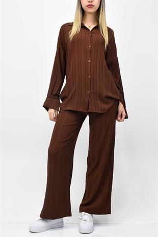 Gofre Yazlık Gömlek-Pantolon Takım - Acı Kahve