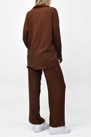 Gofre Yazlık Gömlek-Pantolon Takım - Acı Kahve