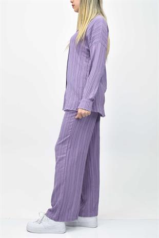 Gofre Yazlık Gömlek-Pantolon Takım - Lila