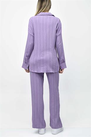 Gofre Yazlık Gömlek-Pantolon Takım - Lila