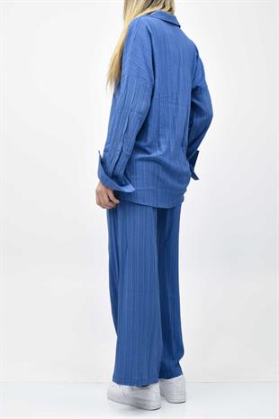 Gofre Yazlık Gömlek-Pantolon Takım - Mavi