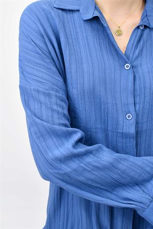 Gofre Yazlık Gömlek-Pantolon Takım - Mavi