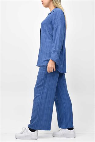 Gofre Yazlık Gömlek-Pantolon Takım - Mavi