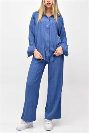 Gofre Yazlık Gömlek-Pantolon Takım - Mavi