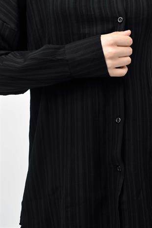 Gofre Yazlık Gömlek-Pantolon Takım - Siyah