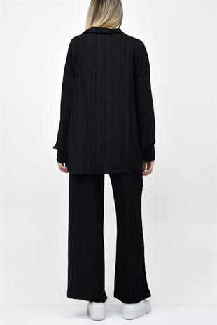 Gofre Yazlık Gömlek-Pantolon Takım - Siyah