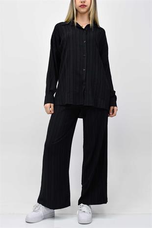 Gofre Yazlık Gömlek-Pantolon Takım - Siyah