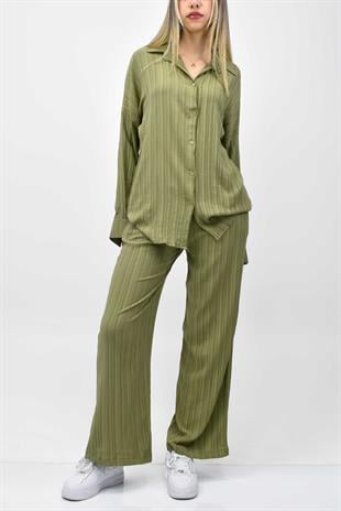 Gofre Yazlık Gömlek-Pantolon Takım - Yeşil