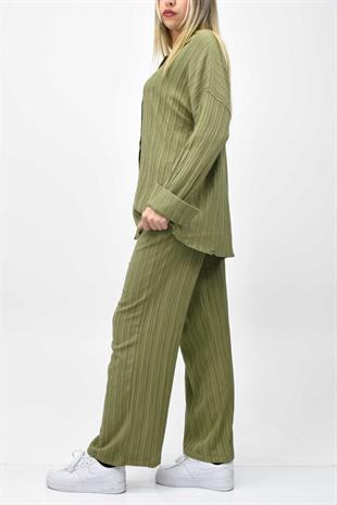 Gofre Yazlık Gömlek-Pantolon Takım - Yeşil