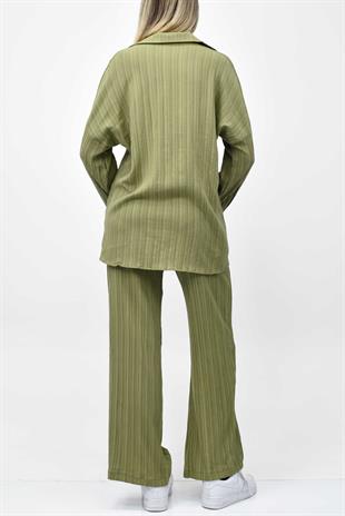 Gofre Yazlık Gömlek-Pantolon Takım - Yeşil