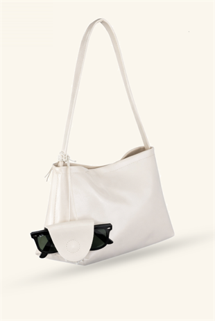 Gözlük Askılı Midi Boy El ve Omuz Çantası - Krem