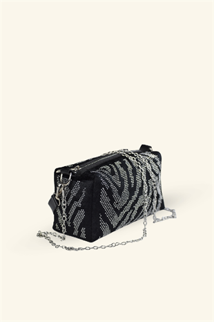 Gümüş Şerit Taşlı Mini El ve Omuz Çantası - Siyah