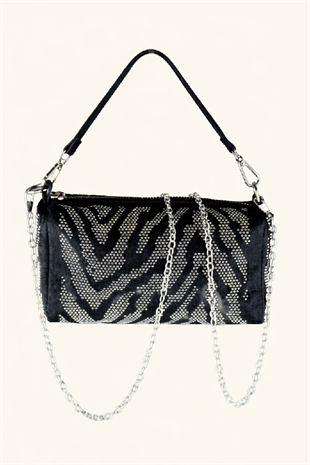 Gümüş Şerit Taşlı Mini El ve Omuz Çantası - Siyah