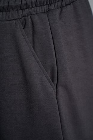 İki İplik Bol Paça Cep Detaylı Eşofman Altı - Füme