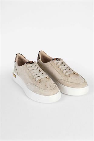 Kadın Bağcıklı Leopar ve Gold Detaylı Yüksek Taban Süet Sneaker Ayakkabı -Bej