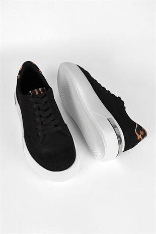 Kadın Bağcıklı Leopar ve Gümüş Detaylı Yüksek Taban Süet  Sneaker Ayakkabı -Siyah