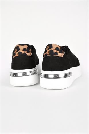 Kadın Bağcıklı Leopar ve Gümüş Detaylı Yüksek Taban Süet  Sneaker Ayakkabı -Siyah