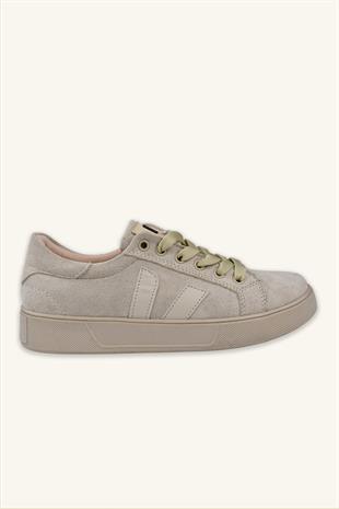 Kadın Deri Detaylı Süet Sneaker - Bej