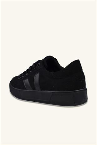 Kadın Deri Detaylı Süet Sneaker - Siyah
