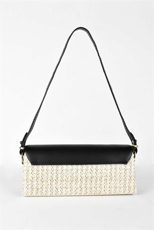 Kadın Deri Kapaklı Hasır Baget El ve Omuz Çantası - Siyah