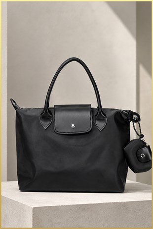 Kadın Deri Saplı Büyük Boy Shopper El ve Omuz Çantası - Siyah