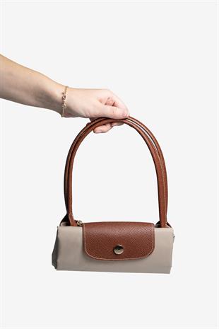 Kadın Deri Saplı Katlanabilir Büyük Boy Shopper El ve Omuz Çantası - Vizon-Taba