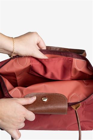 Kadın Deri Saplı Katlanabilir Büyük Boy Shopper El ve Omuz Çantası - Bordo-Taba