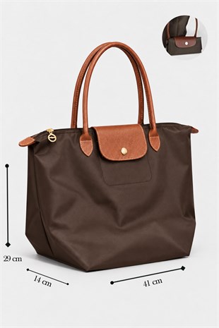 Kadın Deri Saplı Katlanabilir Büyük Boy Shopper El ve Omuz Çantası - Kahverengi-Taba