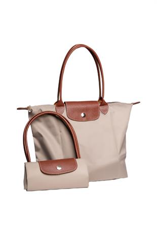 Kadın Deri Saplı Katlanabilir Büyük Boy Shopper El ve Omuz Çantası - Vizon-Taba