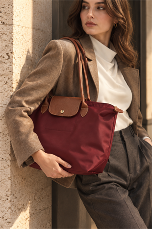 Kadın Deri Saplı Katlanabilir Büyük Boy Shopper El ve Omuz Çantası - Bordo-Taba