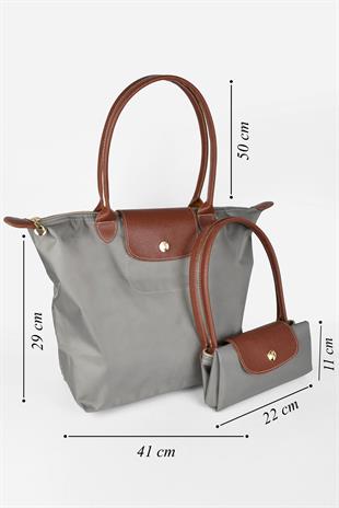 Kadın Deri Saplı Katlanabilir Büyük Boy Shopper El ve Omuz Çantası - Füme-Taba