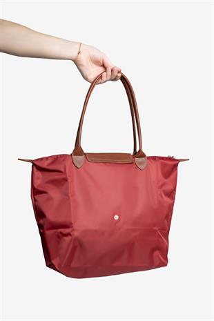 Kadın Deri Saplı Katlanabilir Büyük Boy Shopper El ve Omuz Çantası - Bordo-Taba