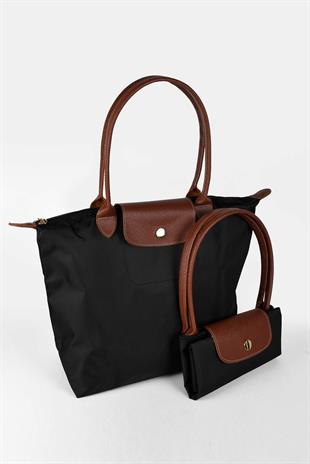 Kadın Deri Saplı Katlanabilir Büyük Boy Shopper El ve Omuz Çantası - Siyah-Taba